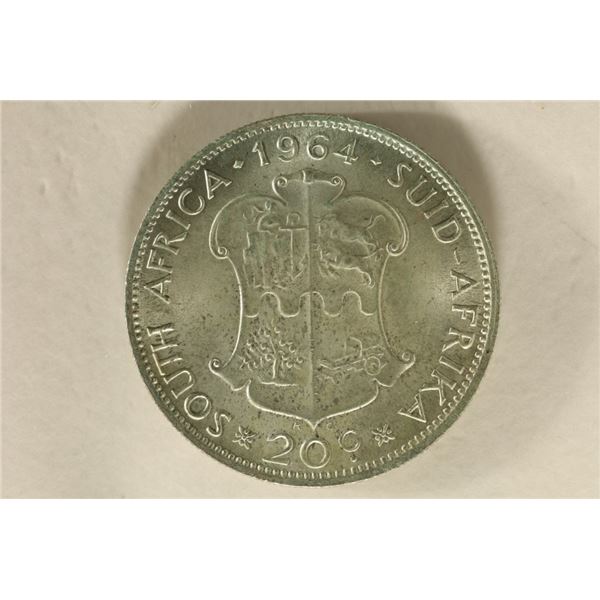 1964 SOUTH AFRICA SILVER 20 CENT AU UNC .1818