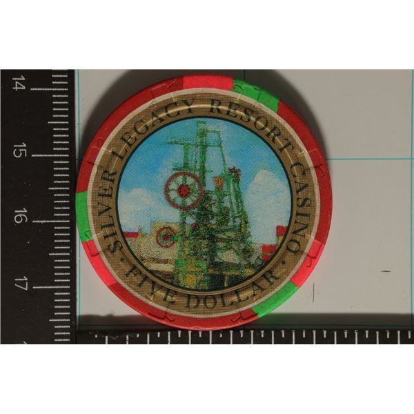$5 SILVER LEGACY CASINO CHIP. LAS VEGAS, NEVADA