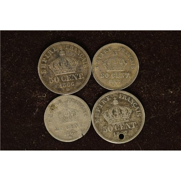 4 FRANCE SILVER COINS: 1867-A AND 1867-B TWENTY