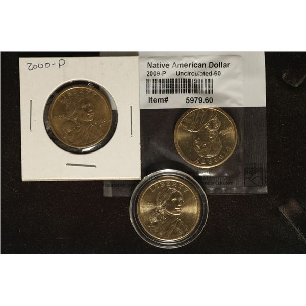 3 NATIVE AMERICAN DOLLARS:2000-P,  2009-P UNC IN