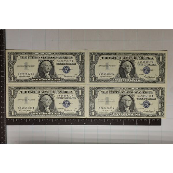 4-CRISP UNC 1957 $1 SILVER CERTIFICATES WITH