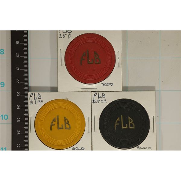 3 VINTAGE CLAY CASINO CHIPS "FLB" POSSIBLY FROM