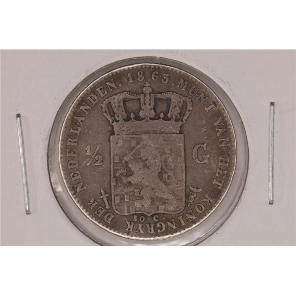 1863 NETHERLANDS SILVER 1/2 GULDEN .1519 OZ. ASW