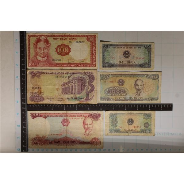6-VIETNAM BILLS: 2, 5, 100, 200, 500 & 1000 DONG