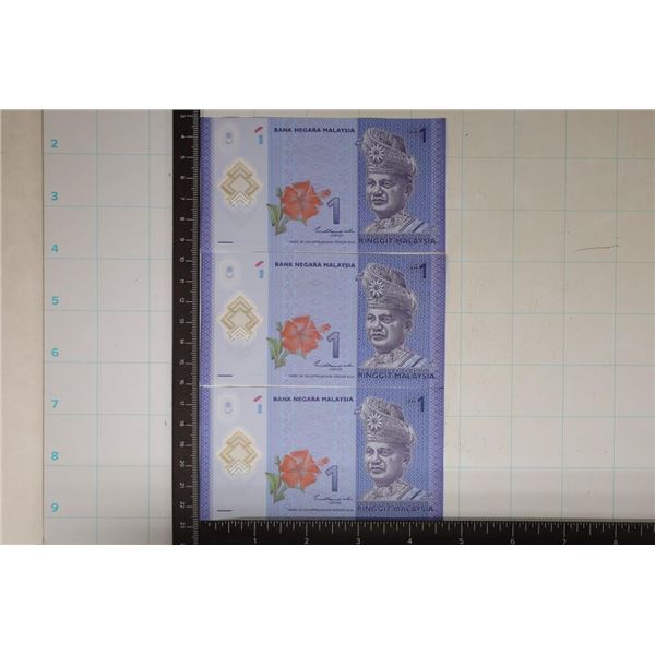 3 CRISP UNC POLYMER MALAYSIA 1 RINGGIT BILLS
