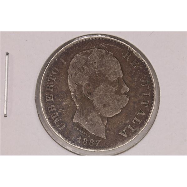 1887 ITALY SILVER 1 LIRE .1342 OZ. ASW