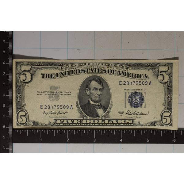 1953-A $5 SILVER CERTIFICATE BLUE SEAL AU