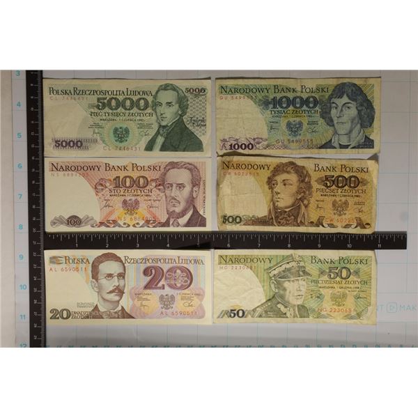 6-POLISH BILLS: 1982-20 ZLOTYCH (CU), 1988-50