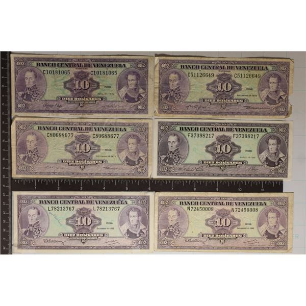 6-VENEZUELA 10 BOLIVARES BILLS: DATES FROM 1972-