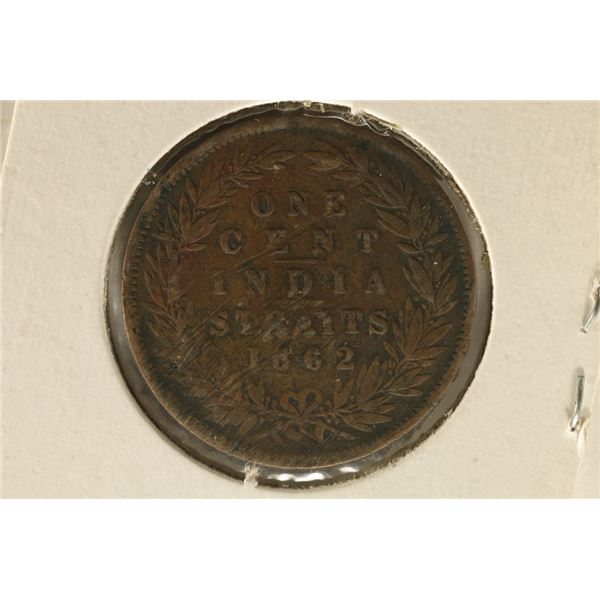 1862 INDIA STRAITS ONE CENT COIN SCRATCHED