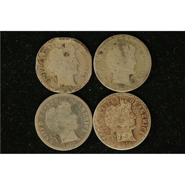 4-SILVER BARBER DIMES: 1905-S, 06-S, 07 & 1916-S