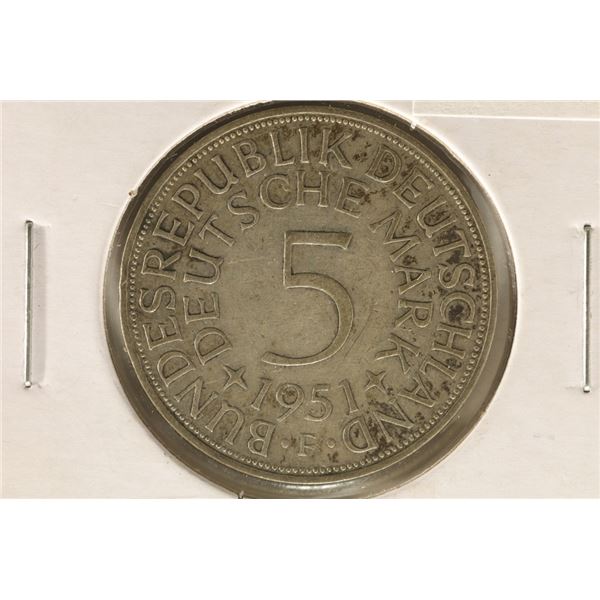 1951-F GERMAN SILVER 5 MARK  .2251 OZ. ASW