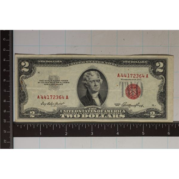 1953 US $2 RED SEAL NOTE A44172364A
