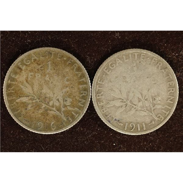1911 & 1916 SILVER 1 FRANC COINS: .2684 OZ. ASW