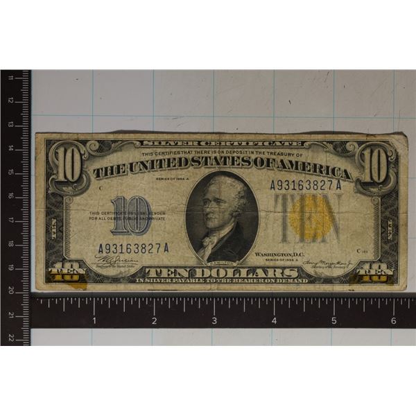 1934-A $10 SILVER CERTIFICATE NORTH AFRICA YELLOW