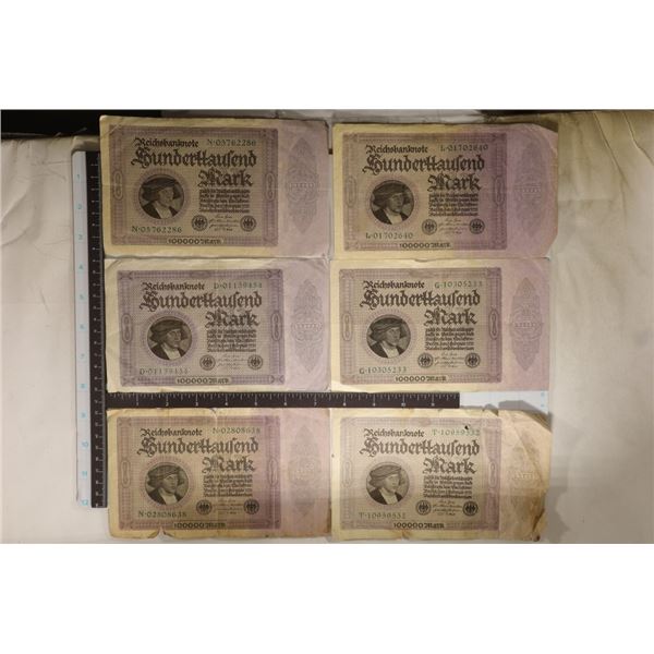 6-GERMAN 1923 CIRCULATED 100000 MARK BILLS