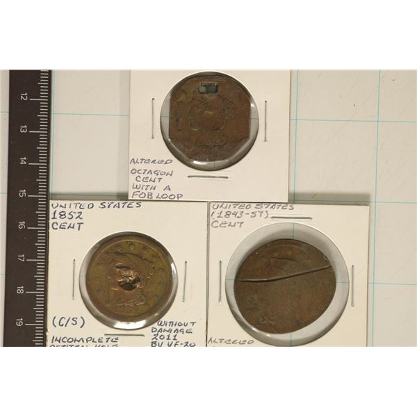 3 ALTERED US LARGE CENTS: 1851 WITH HOLE &