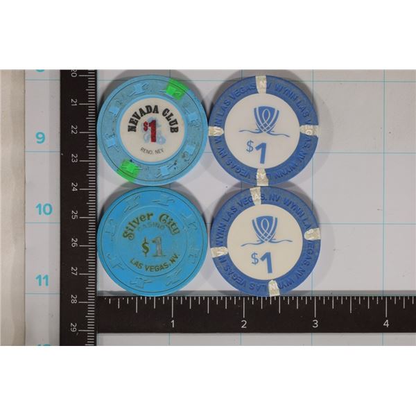 4-$1 CASINO CHIPS: SILVER CITY, NEVADA CLUB & 2-