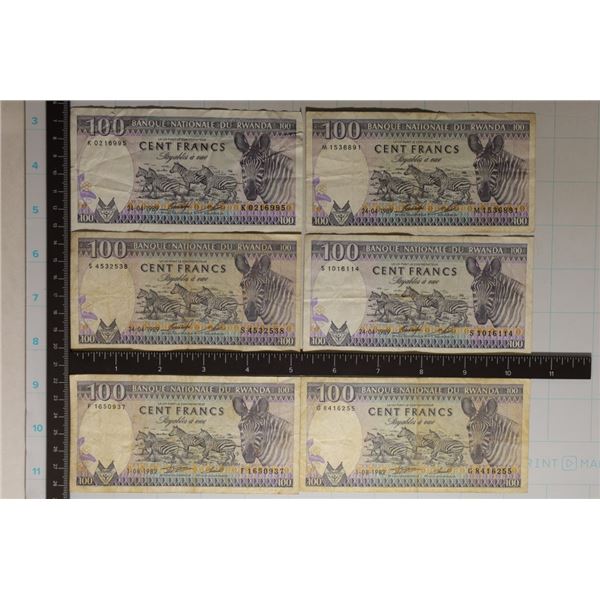 6-RWANDA 100 FRANC BILLS WITH ZEBRAS ON THE FRONT