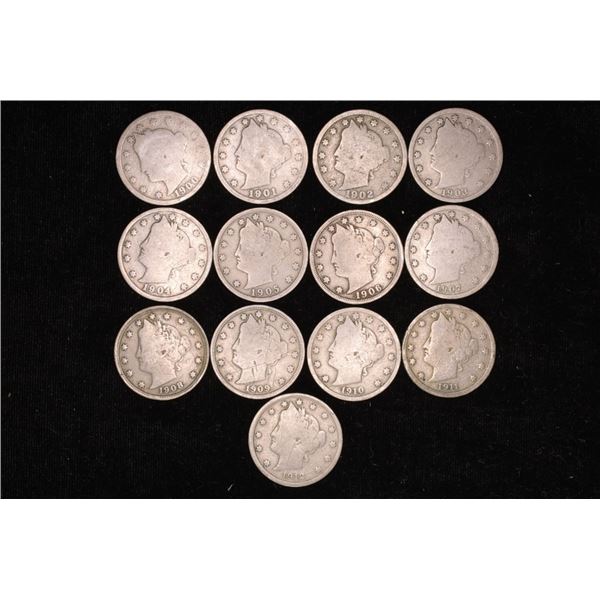 13-LIBERTY "V" NICKELS: 1900-1912, 1 OF EACH YEAR