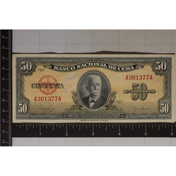 1950 CRISP CUBA 50 PESO BILL WITH WRITING ON THE