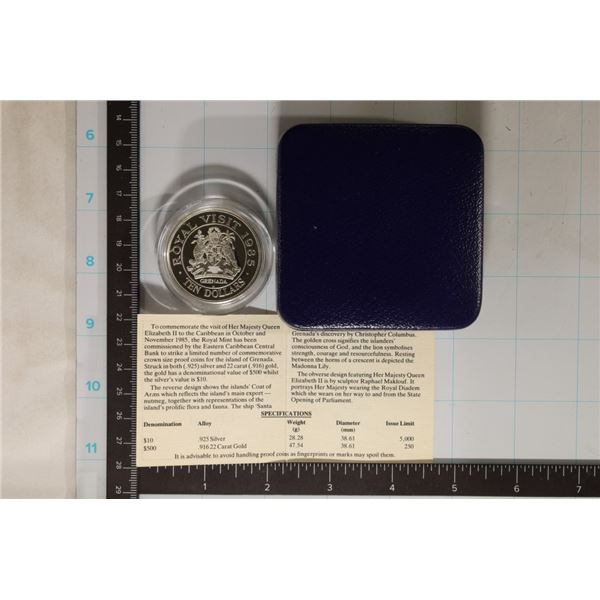 SILVER 1985 GRENADA ROYAL VISIT $10 CROWN, PF, IN