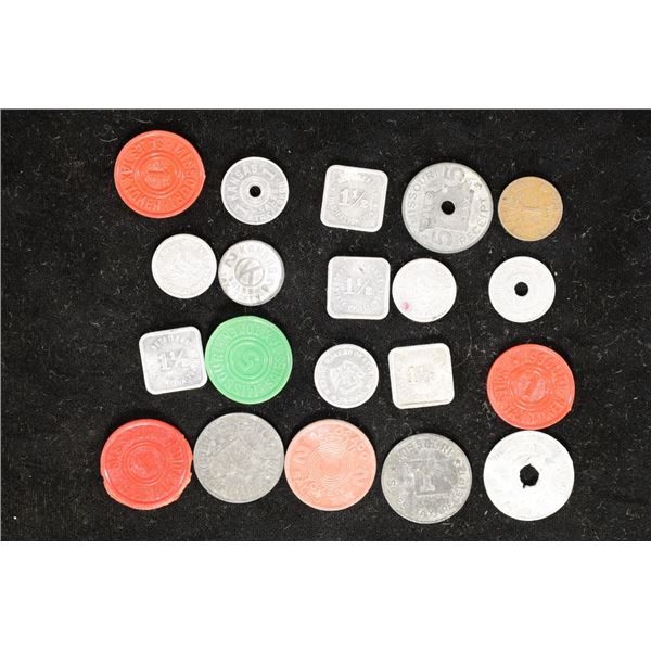 20 TAX TOKENS METAL AND PLASTIC, SQUARE AND