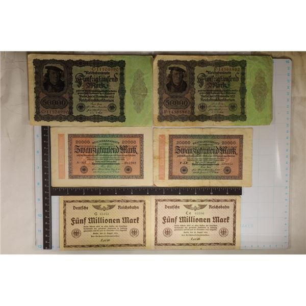 6-GERMAN BILLS: 2-1923-5 MILLION MARK CRISP, 2-