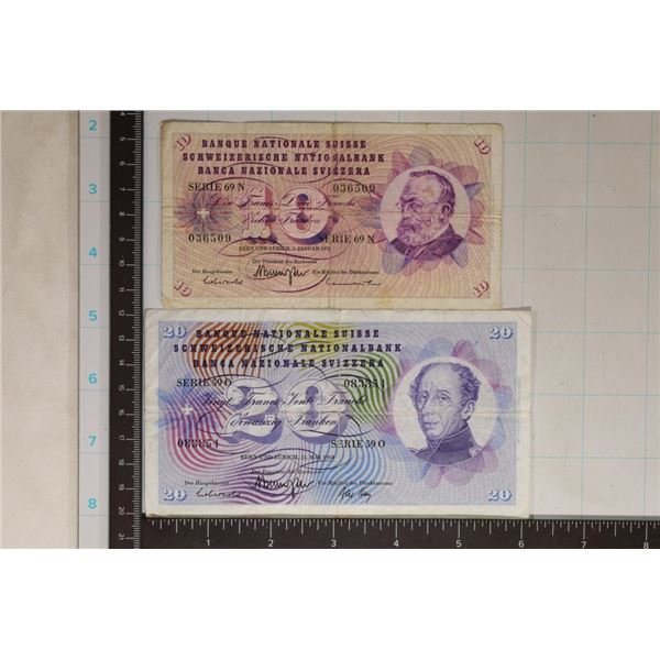 2 SWISS BILS: 1968-20 FRANC AND 1970-10 FRANC