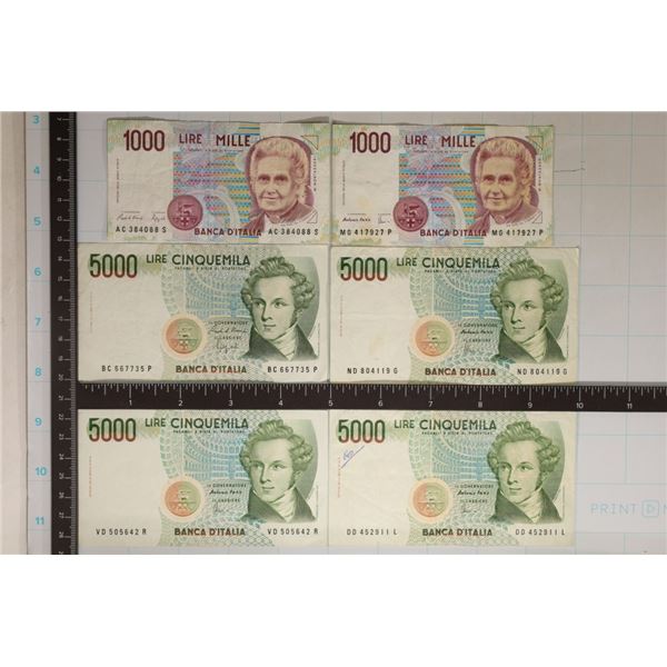 6-ITALIAN BILLS: 4-50,000 LIRE & 2-1000 LIRE. ONE