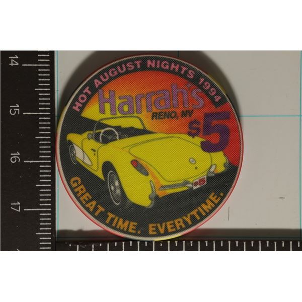 $5 HARRAH'S CASINO CHIP. 1994 HOT AUGUST NIGHTS