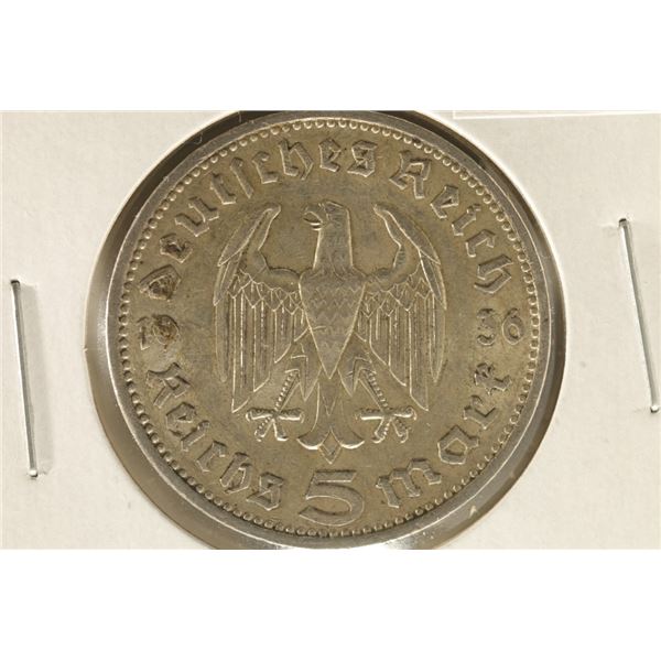 1936-A GERMAN SILVER 5 MARK  .4016