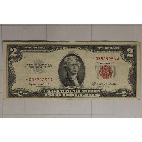 1953-B STAR NOTE RED SEAL US $2 BILL