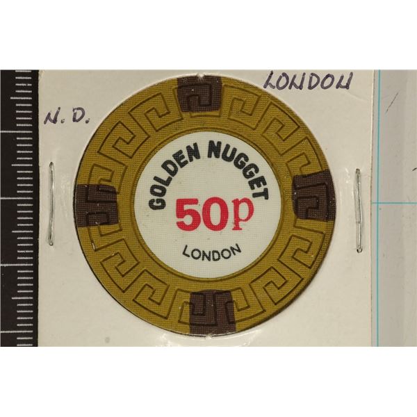 50 PENCE GOLDEN NUGGET, LONDON CLAY CASINO CHIP.