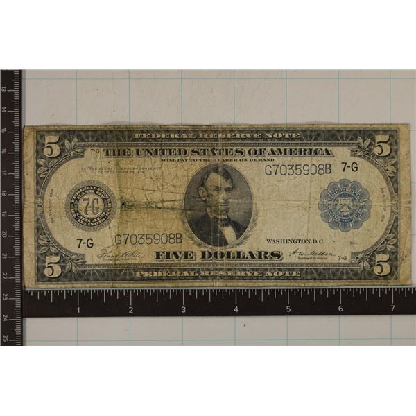 1914 US $5 FEDERAL RESERVE NOTE BLUE SEAL WITH