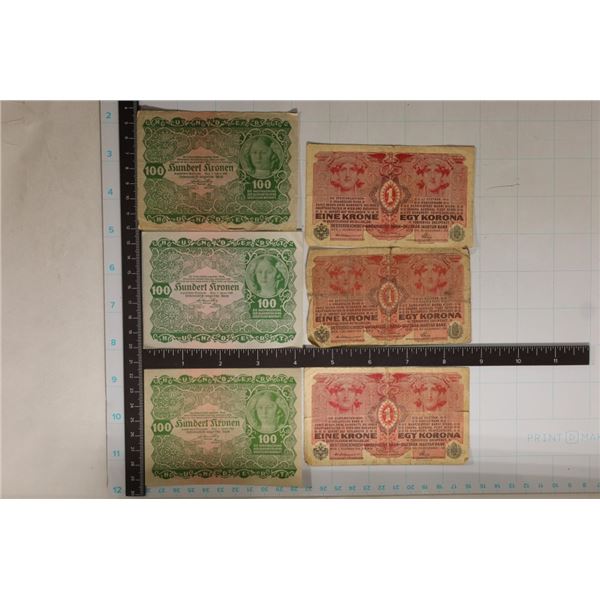 6-AUSTRIA BILLS: 3-ONE KORONAS (CIRCULATED) &