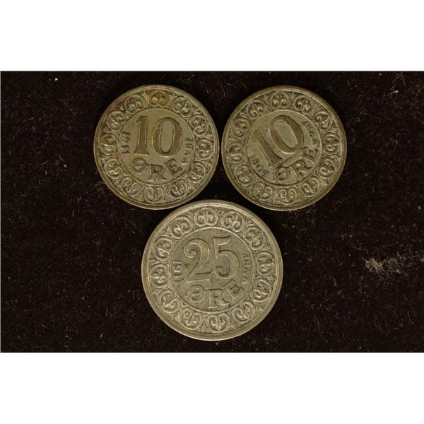3 DENMARK SILVER COINS: 1907-10 ORE, 1911-10 ORE