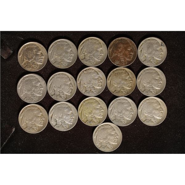 16 ASSORTED FULL DATE BUFFALO NICKELS: 1936-1938
