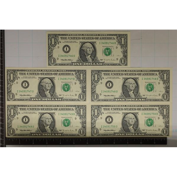 5-1995 US $1 FRN'S WITH CONSECUTIVE SERIAL NUMBERS