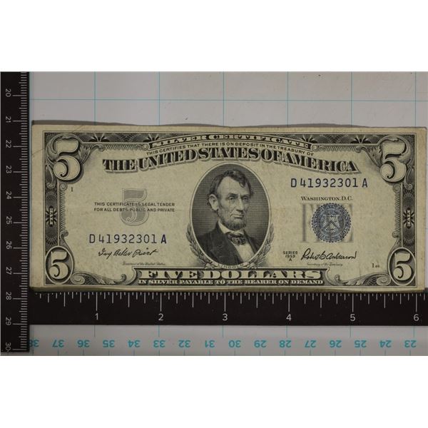 1953-A US $5 SILVER CERTIFICATE BLUE SEAL