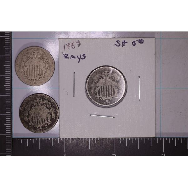 2-1867 WITH & WITHOUT RAYS & 1-1869 SHEILD NICKELS