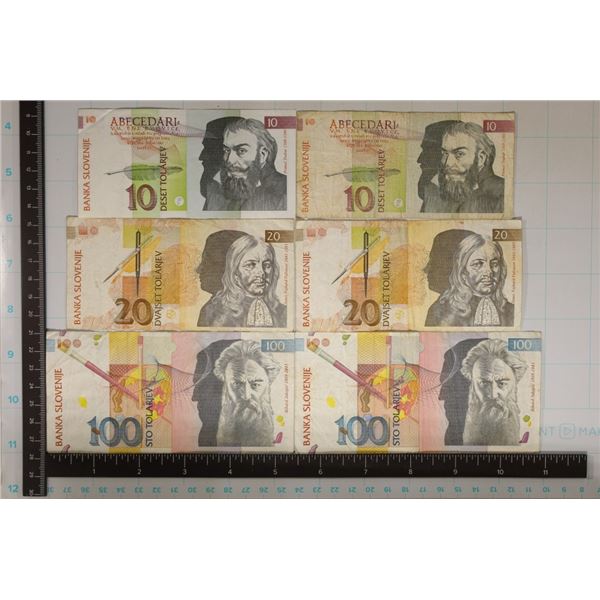 6-SLOVENIAN BILLS: 2-10, 2-20 & 2-100 TOLARJEVS
