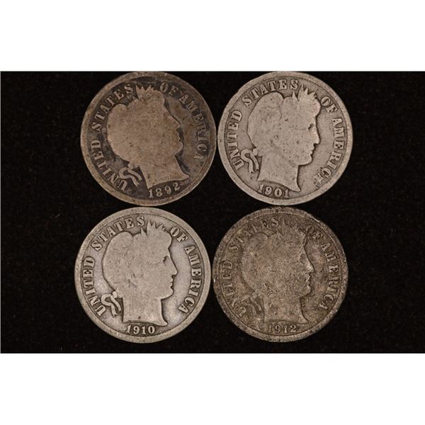 1892, 1901, 1910 & 1912 SILVER BARBER DIMES
