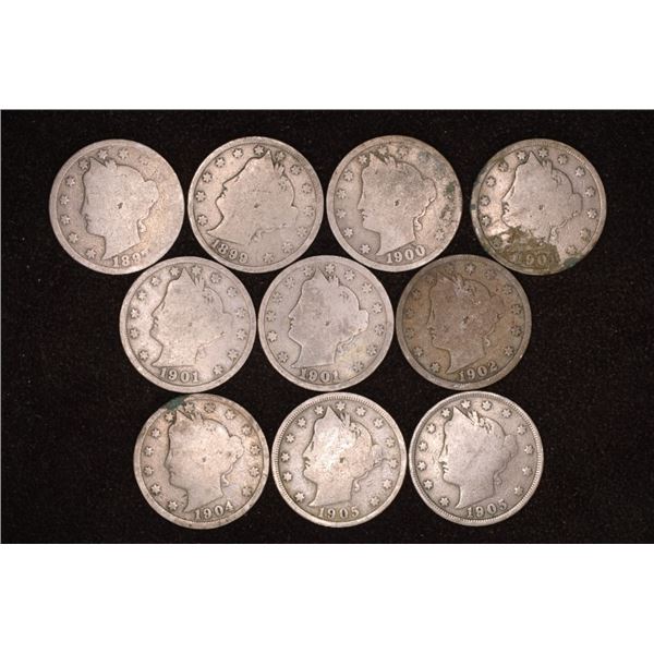 10 LIBERTY "V" NICKELS: 1897-1905