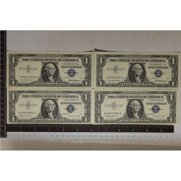 4 CRISP UNC US $1 SILVER CERTIFICATES: 2 SETS OF