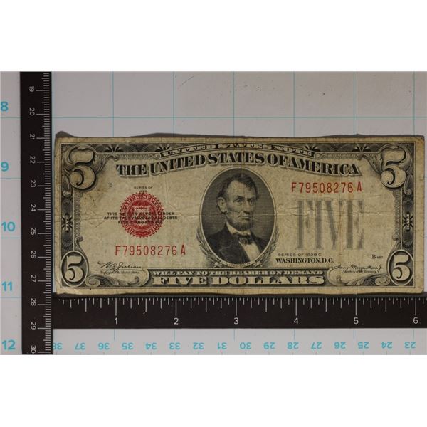 1928-C US RED SEAL $5 NOTE CIRCULATED