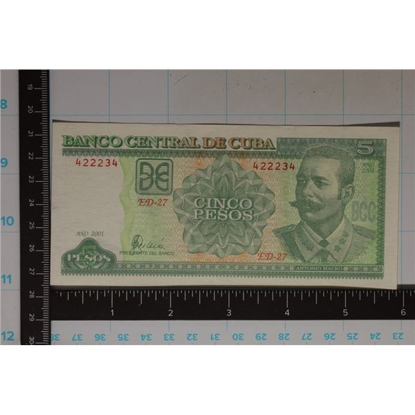 2001 CRISP UNC CUBA FIVE PESO BILL  "MACEO"