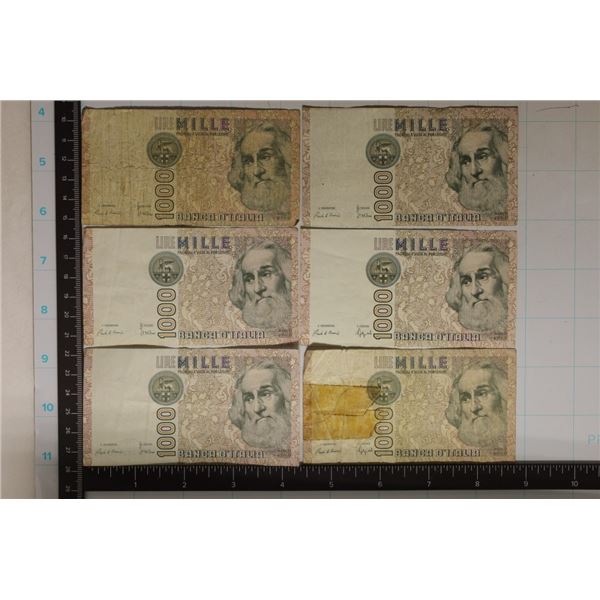 6-ITALIAN 1000 LIRE BILLS: ONE WITH TAPE