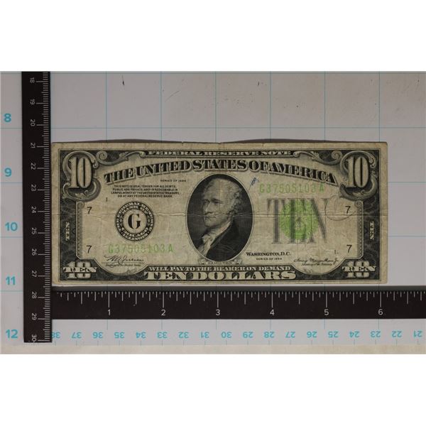 1934 US $10 FRN GREEN SEAL WITH INK ON THE FRONT