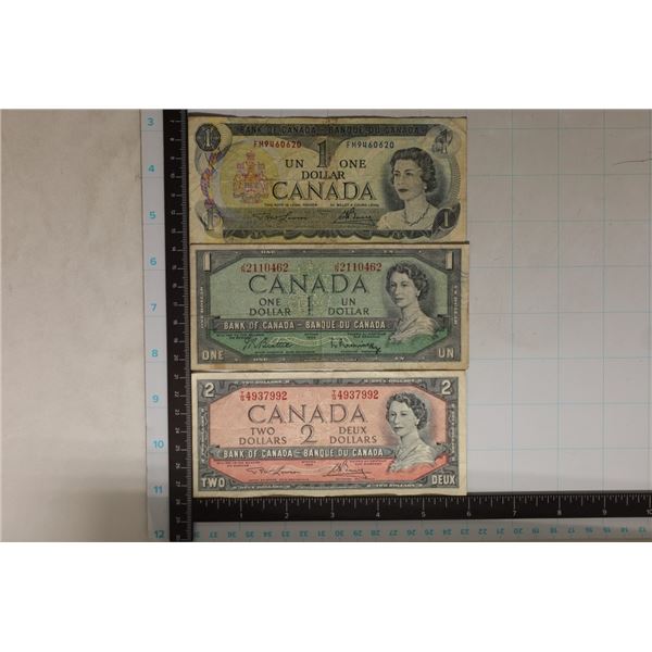 3 CANADA BILLS: 1954-$1, 1954-$2 & 1973-$1